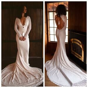 Daughters of Simone Recy Lace Wedding Dress Open Back Long Sleeve Gown XL